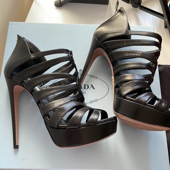 Prada Black Strappy Cage High-Heel Stiletto Platform Sandals - Picture 7 of 9